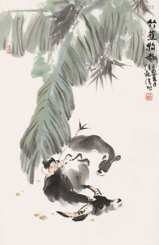 汪观清（b.1931） 1989年作 竹蕉牧趣 立轴 设色纸本