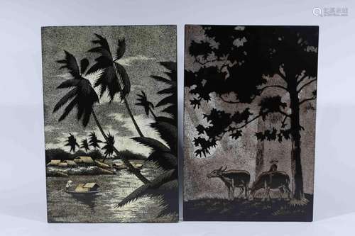 Two Vietnamese Lacquered Panels