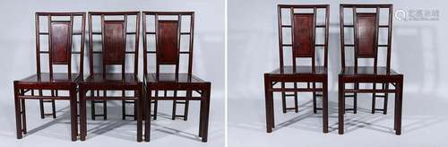 Set of Five Chinese Carved Hardwood Chairs