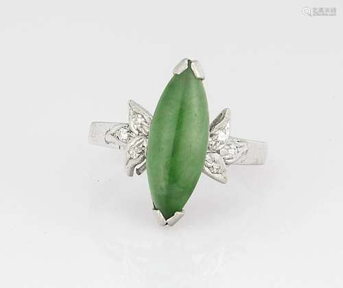 18 Kt White Gold Jadeite & Diamond Navette Ring