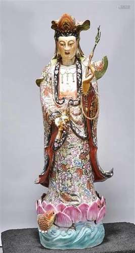 Tall Chinese Enameled Porcelain Guanyin Figure