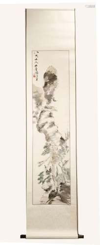 A INK AND COLOR ON PAPER HANGING SCROLL PAINTING. H647.