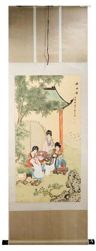 SIGNED LUO HE. A INK AND COLOR ON SILK HANGING SCROLL