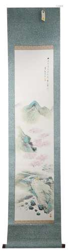 A INK AND COLOR ON PAPER HANGING SCROLL PAINTING. H214.