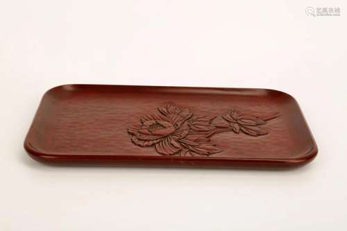 A JAPANESE CINNABAR LACQUER RECTANGLE PLATE CARVED WITH