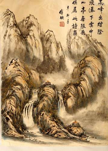 SIGNED FU XIN (1947 - ).A INK AND COLOR ON PAPER