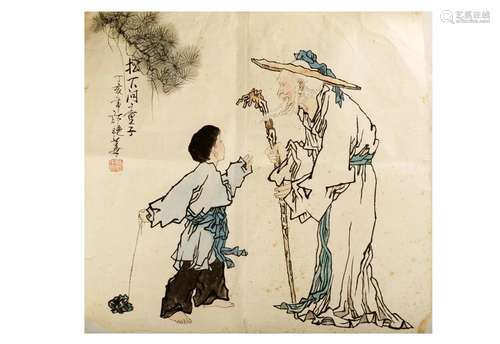 SIGNED XU YANHUA (1940 - ).A INK AND COLOR ON PAPER