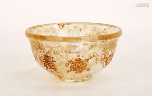 A GILT CRYSTAL DRINKING BOWL CARVED WITH VARIETIES OF