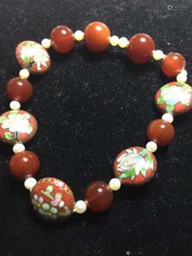 Bracelet, Cloisonne/Pearl/Carnelian , Estate Jewelry