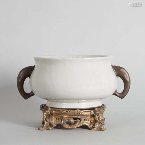 A Chinese Crackle-glazed Censer with two handles and bronze ...