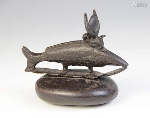 An Egyptian style Bronze Oxyrhynchus (medjed fish), modelled...