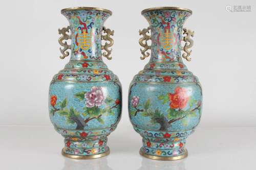 Pair of Chinese Duo-handled Cloisonne Fortune Vases