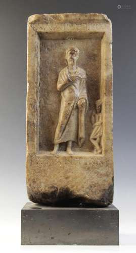 A marble grave stele of rectangular form, the recessed area ...