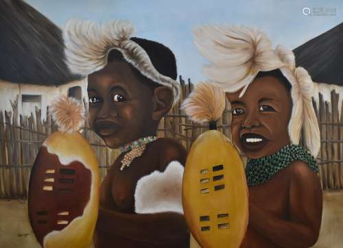 Large African tribal acrylic on canvas two people in traditi...