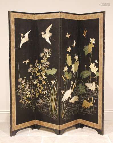 * A Japanese three-fold room screen, the four silkwork panel...