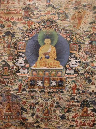 * A Tibetan Shakyamuni thangka, 20th century, featuring the ...