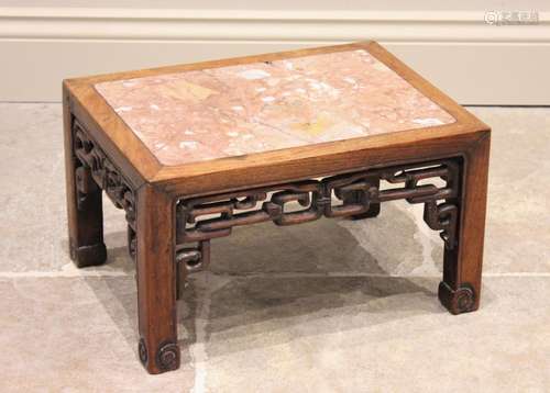 A Chinese hardwood and rouge marble urn stand, of rectangula...