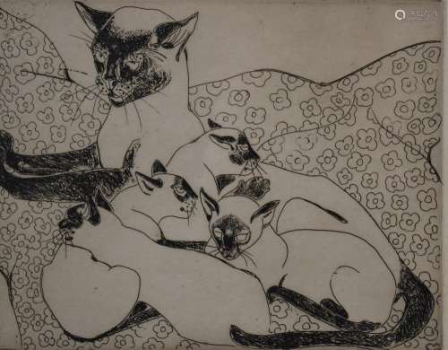Orovida Camille Pissarro signed etching Siamese Cat & Ki...
