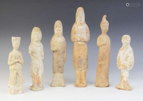 Six Chinese pottery Mingqi burial figures, possibly Han dyna...