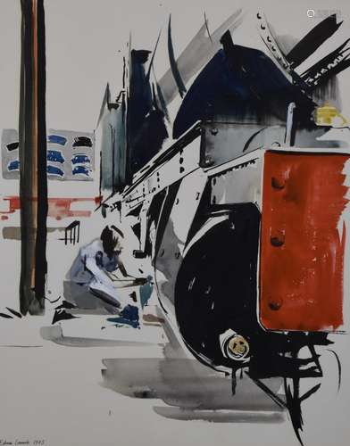 Edna Lumb (1931-1992) watercolour steam locomotive being wor...