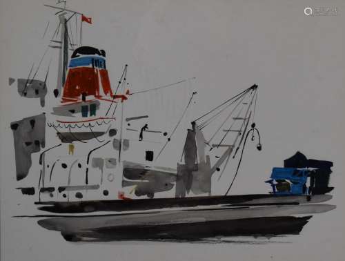 Edna Lumb (1931-1992) watercolour ship alongside the dock, s...