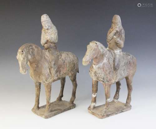 Two Chinese pottery figures on horseback, possibly Tang dyna...