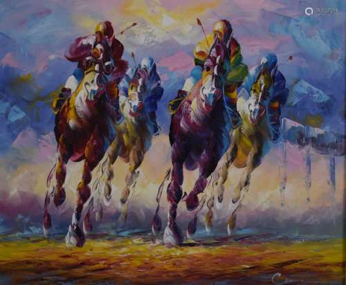 Oil or acrylic on canvas modern horse racing scene, indistin...