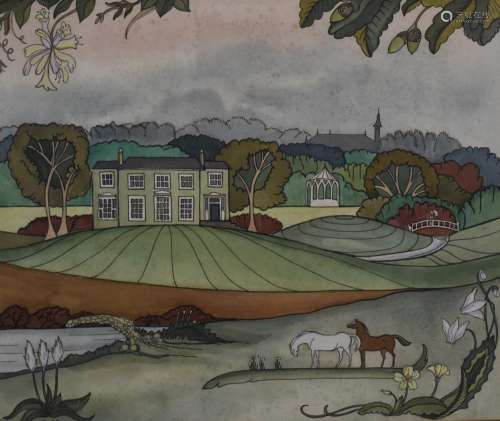 Arts and Crafts style watercolour of country house in ground...