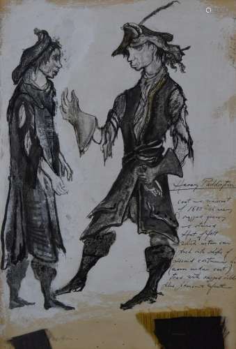 Pen, ink and gouache theatre costume study titled Harry Padd...