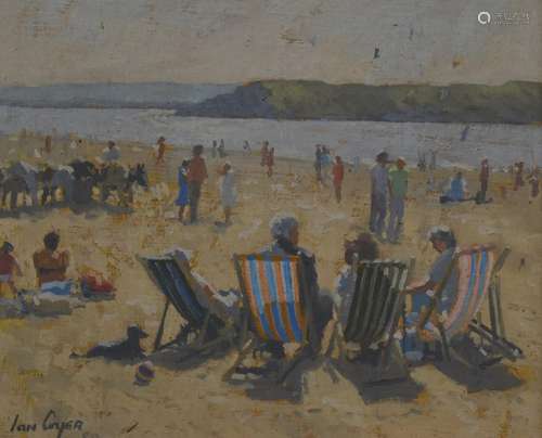 Ian Cryer (b1959) oil on board busy beach scene, signed lowe...