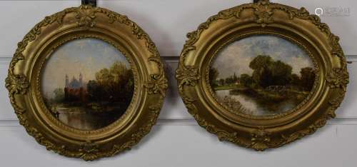 Pair of 19thC oil on board landscapes, one a river scene wit...