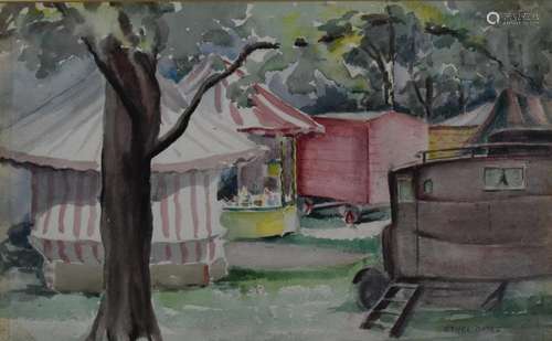 Ethel Oates naive watercolour circus or fairground scene, si...