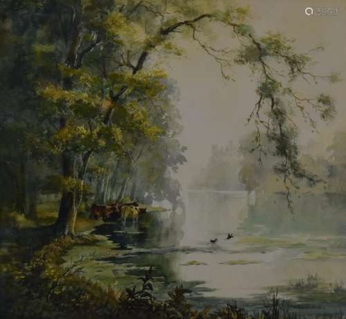 Edward Poole watercolour landscape cattle watering at a lake...