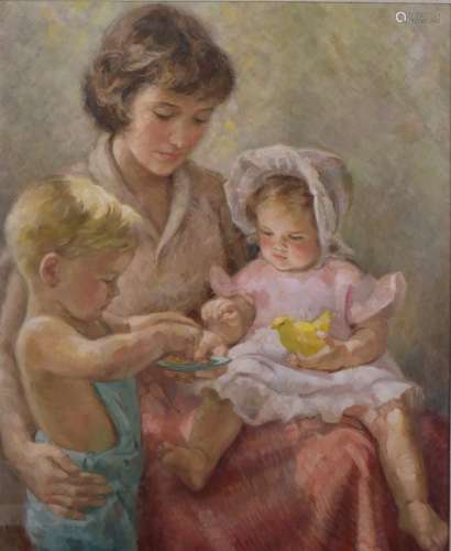 Denys George Wells (1881-1973) oil on canvas mother and chil...