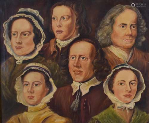 Possibly theatrical interest oil on canvas portrait of six p...