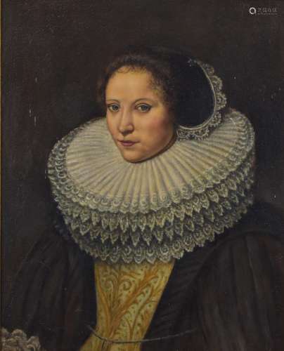 Oil on board lady in period dress with large ornate ruff, 47...