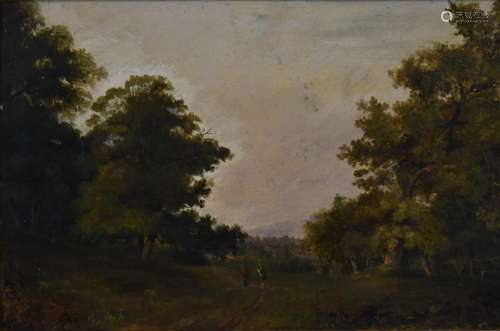 19thC oil on canvas landscape with two figures walking and h...
