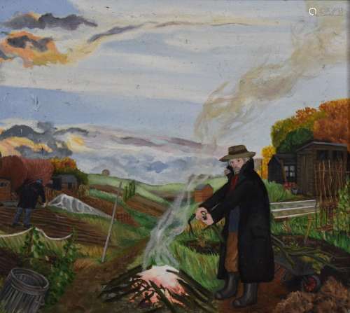 H. Brett oil on canvas naive landscape with man by a fire, s...