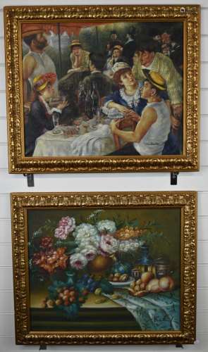 S Earton oil on canvas garden party after Renoir, together w...