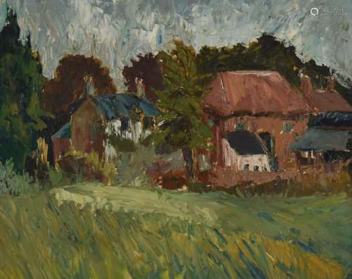 S. Holman impressionist oil on board houses amongst trees, s...