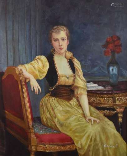 Oil on canvas lady in period room, signed lower right possib...