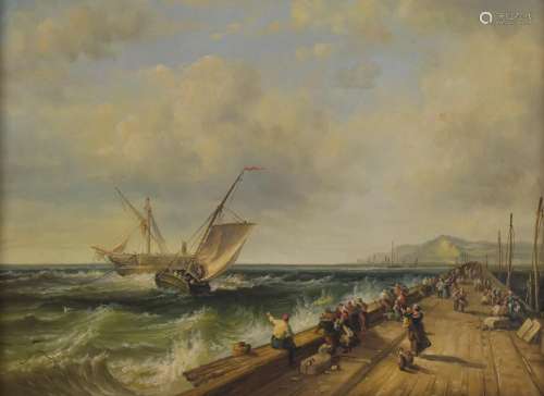 19thC style oil on board maritime scene with figures on a pi...
