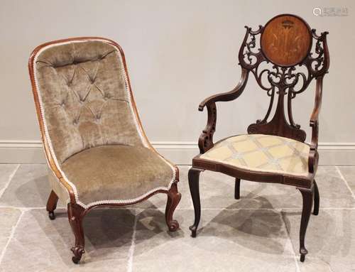 An Edwardian mahogany elbow chair, the C scroll openwork bac...