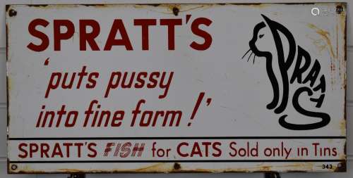Spratts animal/ cat food vintage enamel advertising sign, Pu...