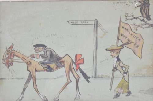 Suffragette and political interest watercolour cartoon of pa...