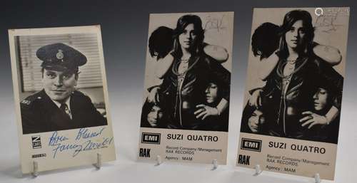 Two stamped / autographed Suzi Quatro promotional photograph...