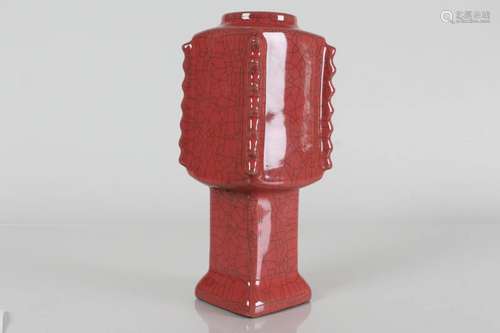 A Chinese Square-based Crackglaze Red Porcelain Vase