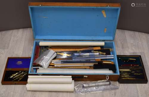 A large quantity of drawing equipment including boxwood rule...