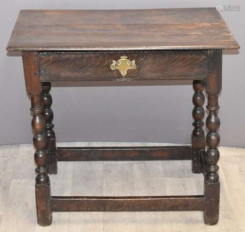 Antique oak peg jointed hall table with single drawer, W77 x...