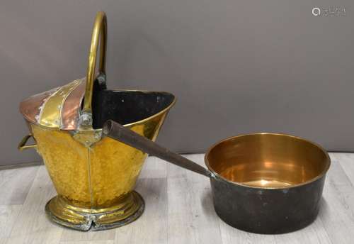 Copper and brass coal scuttle and jam pan